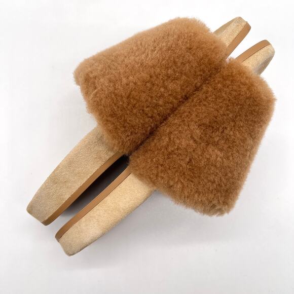 JENNI KAYNE Shearling Slide Sandal Womens 6 Tan Suede Fuzzy Slip On Comfy Casual - Picture 6 of 10